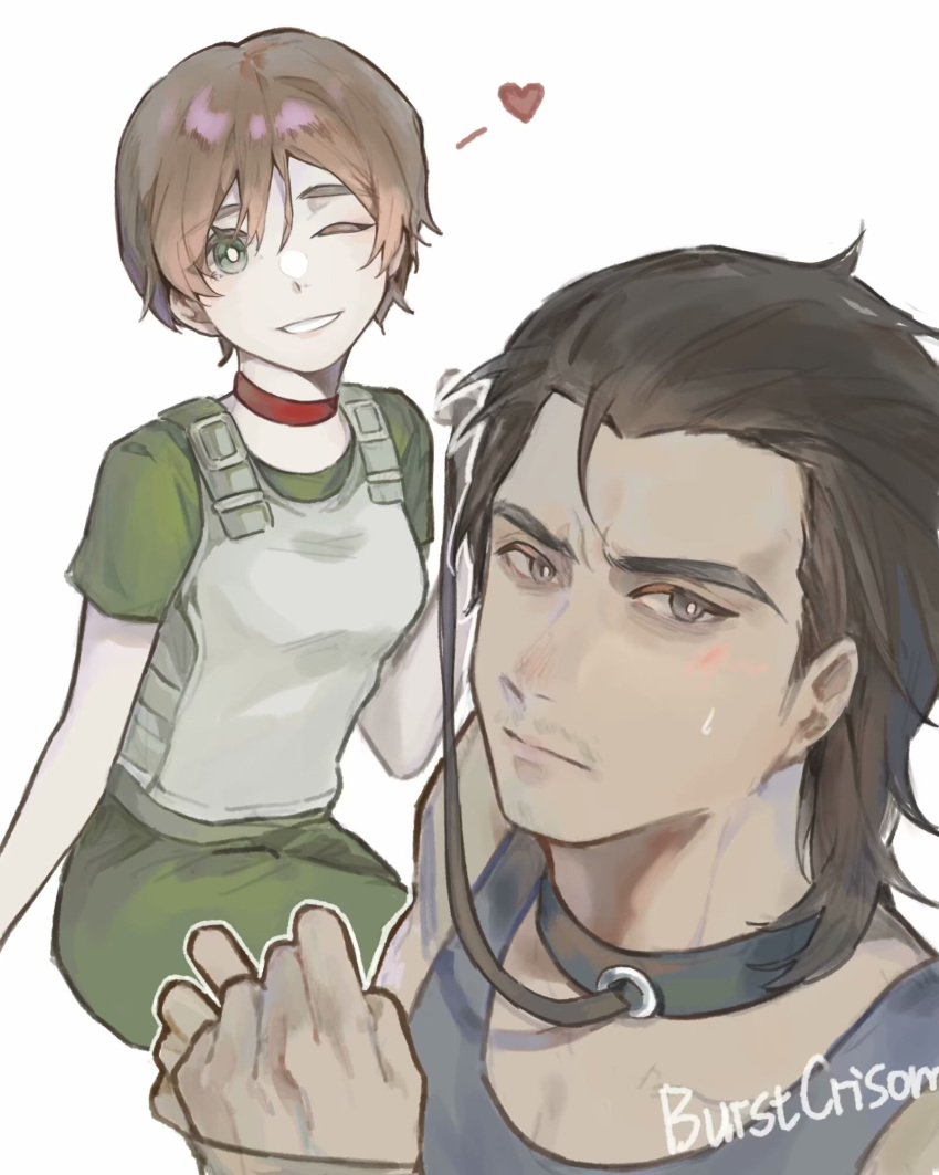 1boy, 1girl, billy_coen, breasts, bright_pupils, brown_hair, closed_mouth, green_eyes, heart, highres, looking_at_viewer, medium_hair, one_eye_closed, rebecca_chambers, resident_evil, resident_evil_0, short_hair, simple_background, smile, white_background, white_pupils, z_curfew
