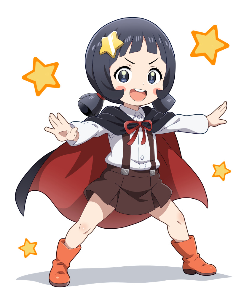 1girl, :d, absurdres, black_cape, black_hair, blush_stickers, boots, brown_skirt