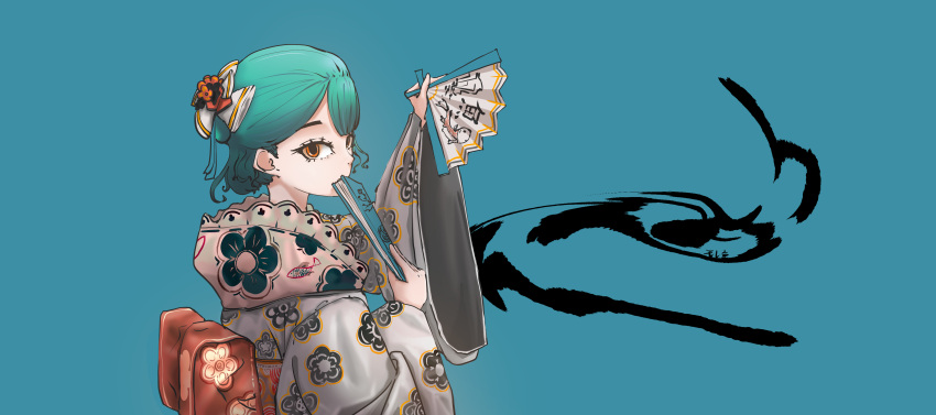 1girl, absurdres, aqua_hair, blue_background, commentary_request, covering_own_mouth, folded_fan, folding_fan