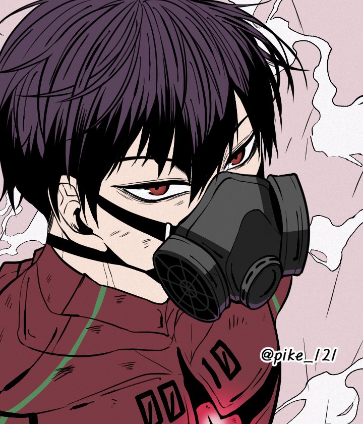 1boy, armor, black_hair, gas_mask, hoshina_soshiro, kaijuu_no._8, male_focus, mask