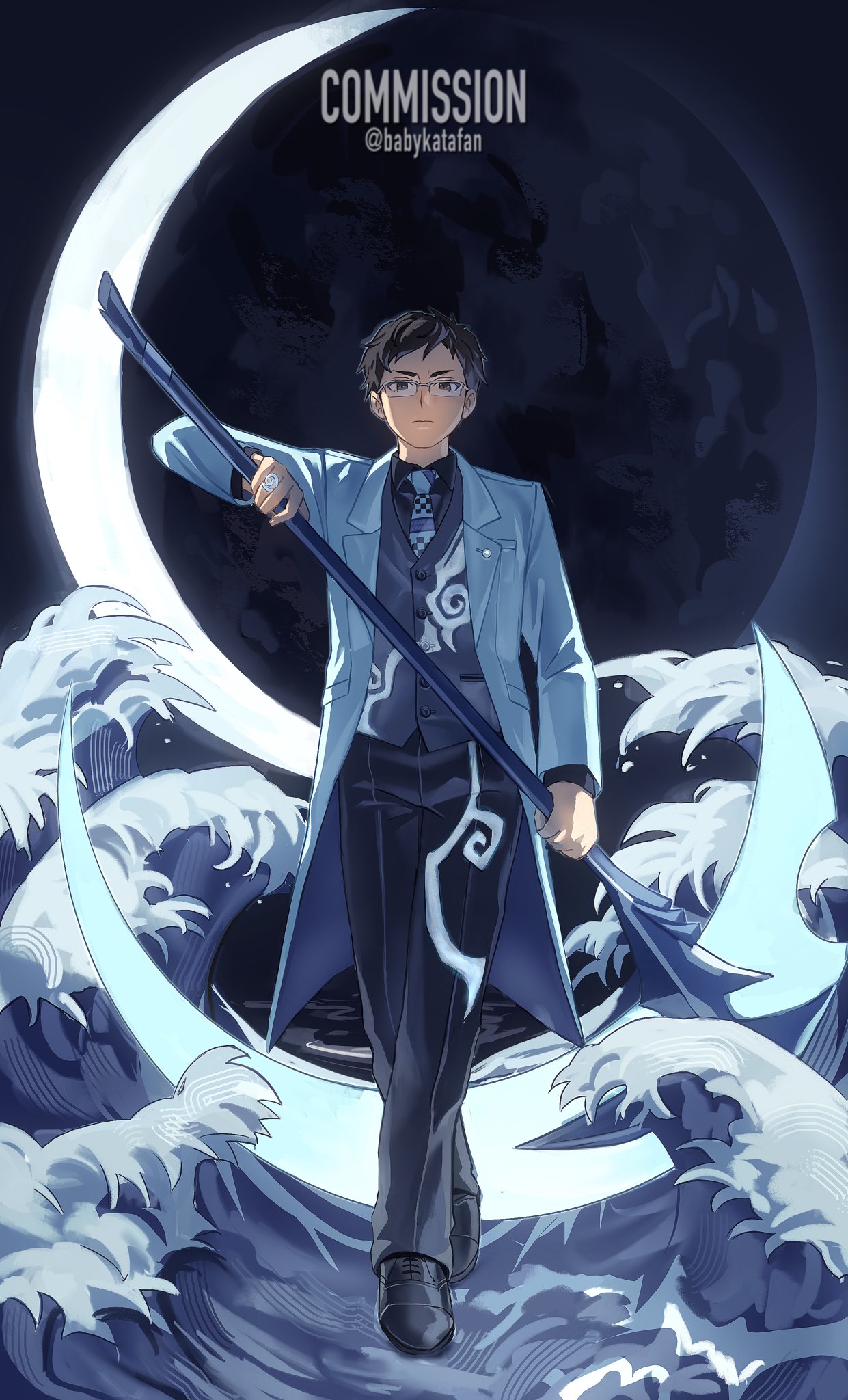 1boy, atsuta_yuzuru, babykatafan, black_hair, black_pants, blue_suit, closed_mouth, commentary