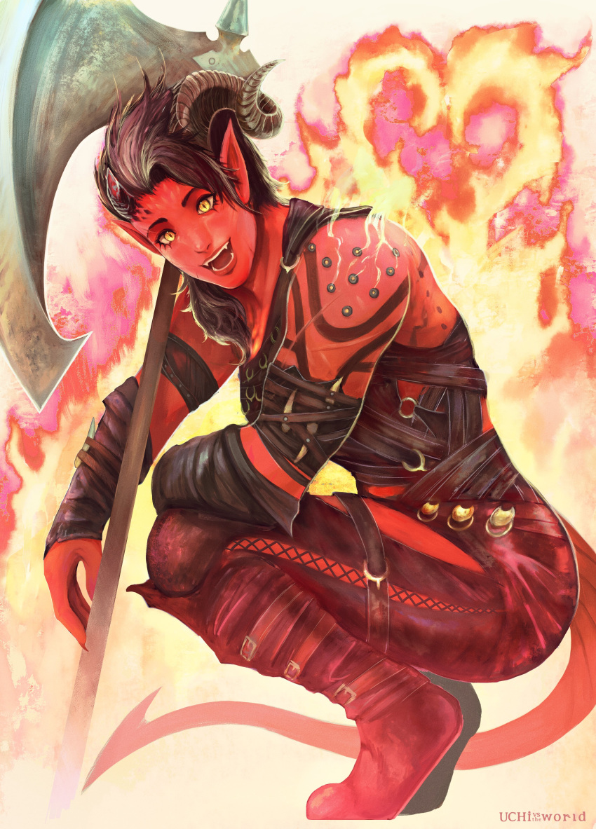 1girl, :d, absurdres, arm_tattoo, artist_name, asymmetrical_hair, asymmetrical_horns, axe, baldur's_gate, baldur's_gate_3, battle_axe, black_hair, boots, bracer, broken_horn, curled_horns, demon_girl, demon_horns, demon_tail, dungeons_&amp;_dragons, fire, glowing_chest, harness, highres, holding, holding_axe, horns, karlach, looking_at_viewer, multicolored_hair, muscular, muscular_female, o-ring, o-ring_harness, open_mouth, pointy_ears, pyrokinesis, sidecut, slit_pupils, smile, squatting, tail, tattoo, teeth, tiefling, two-tone_hair, uchi_vs_the_world, undercut, weapon, yellow_eyes