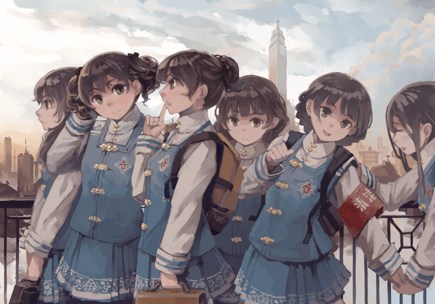 6+girls, aoqun, armband, backpack, bag, bijia, blue_skirt, blue_vest