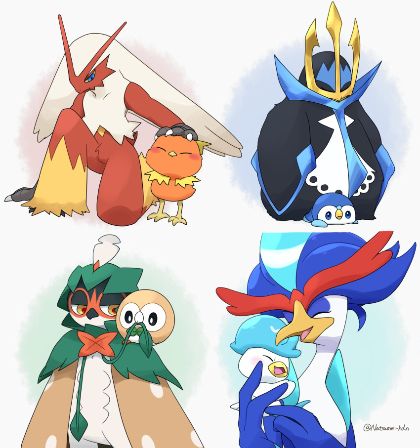 artist_name, blaziken, blue_eyes, blush, claws, closed_eyes, colored_sclera, commentary_request, decidueye, empoleon, evolutionary_line, furry, half-closed_eyes, hidane_(natsume_hdn), highres, long_hair, open_mouth, piplup, pokemon, pokemon_(creature), quaquaval, quaxly, rowlet, smile, torchic, twitter_username, yellow_eyes, yellow_sclera