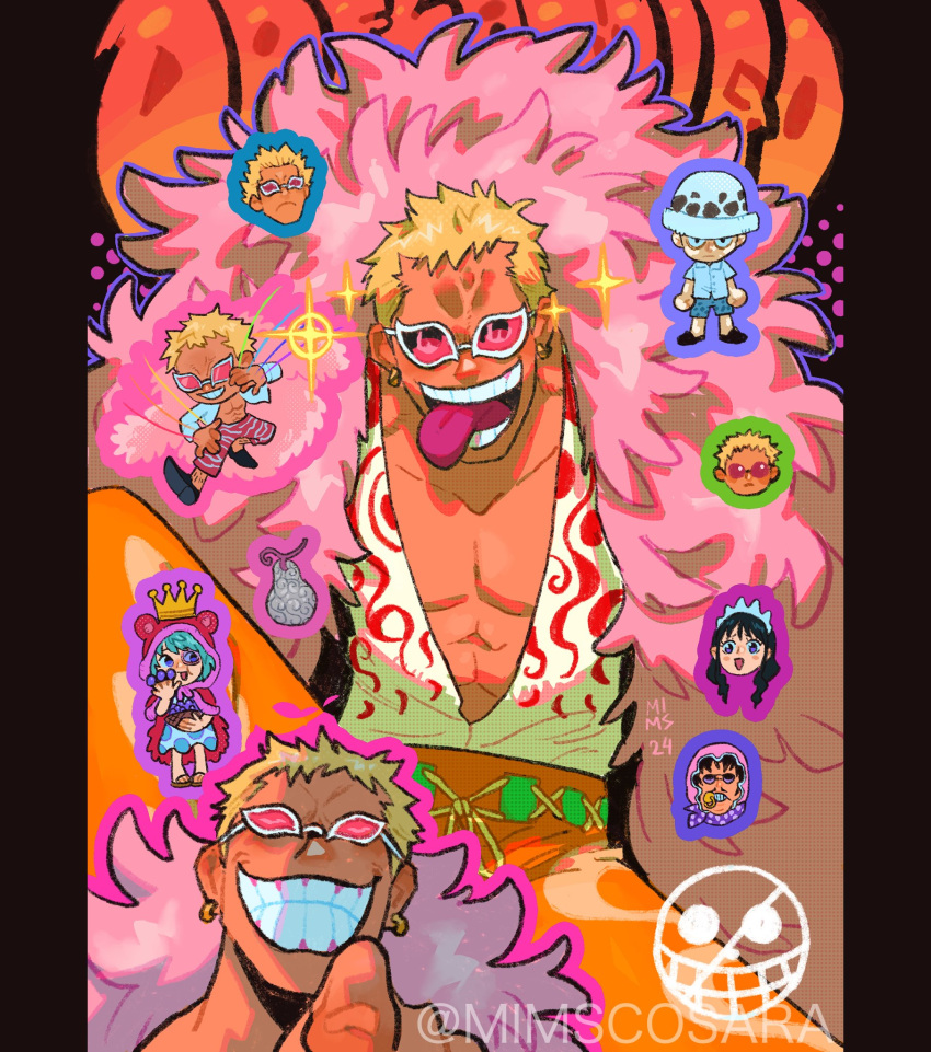 2girls, 3boys, baby_5, black_hair, blonde_hair, character_name, chibi, coat, donquixote_doflamingo, donquixote_pirates_jolly_roger, earrings, green_hair, highres, jewelry, long_hair, mimscosara, multiple_boys, multiple_girls, one_piece, open_clothes, open_mouth, open_shirt, orange_pants, pants, pink_coat, senor_pink, shirt, short_hair, smile, sparkle, sugar_(one_piece), sunglasses, teeth, tongue, tongue_out, trafalgar_law, twitter_username, variations, white_shirt