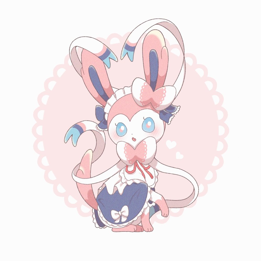 :o, apron, blue_eyes, blush, bow, fang, full_body, heart