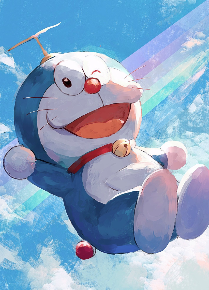 bell, blue_sky, clouds, collar, doraemon, doraemon_(character), fuyumurasaki, highres, neck_bell, no_humans, open_mouth, pupil_blink, rainbow, red_collar, red_nose, sky, smile, solo, two-tone_fur, whiskers