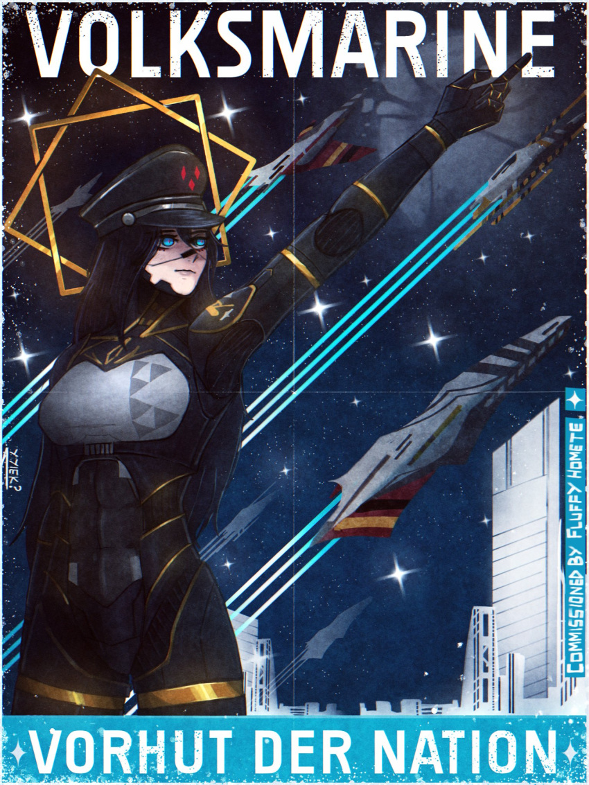 1girl, android, black_hair, black_hat, black_skin, blue_eyes, breasts, colored_skin