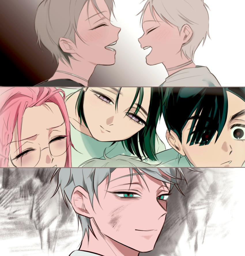 2boys, 3girls, aged_down, ahin444422, alien_stage, black_eyes, black_hair, choker