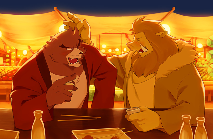 1boy, alcohol, animal_ears, bakemono_no_ko, bear_boy, bear_ears, beard, blonde_hair
