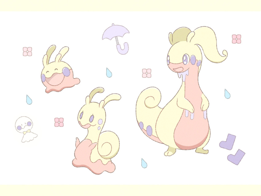alternate_color, boots, closed_eyes, evolutionary_line, flower, goodra, goomy, green_eyes, highres, kuu02h, no_humans, open_mouth, pokemon, pokemon_(creature), rubber_boots, shiny_pokemon, sliggoo, smile, standing, umbrella, water_drop, yellow_footwear