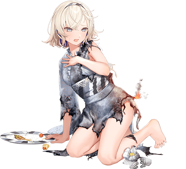 1girl, alternate_costume, barefoot, blonde_hair, blue_hair, blue_kimono, burnt_clothes, colored_inner_hair, commentary_request, fish, floral_print, flower, frilled_kimono, frills, full_body, gloire_(kancolle), gloire_kai_(kancolle), gloire_kai_(saury_festival)_(kancolle), grey_eyes, hair_ornament, hairband, hand_on_own_chest, hoshiakari_(c2_kikan), japanese_clothes, kantai_collection, kimono, multicolored_hair, official_alternate_costume, official_art, plate, saury, short_hair, solo, striped_clothes, striped_hairband, striped_sash, transparent_background