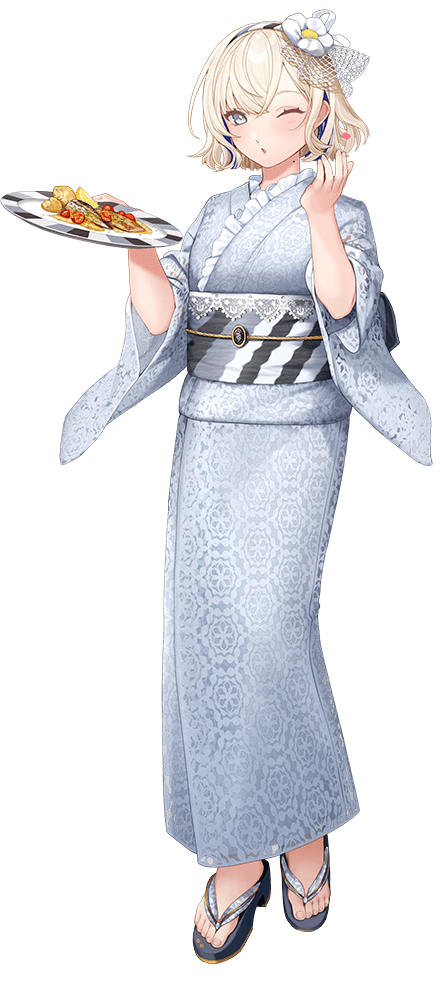1girl, alternate_costume, blonde_hair, blue_kimono, commentary_request, fish, floral_print, flower
