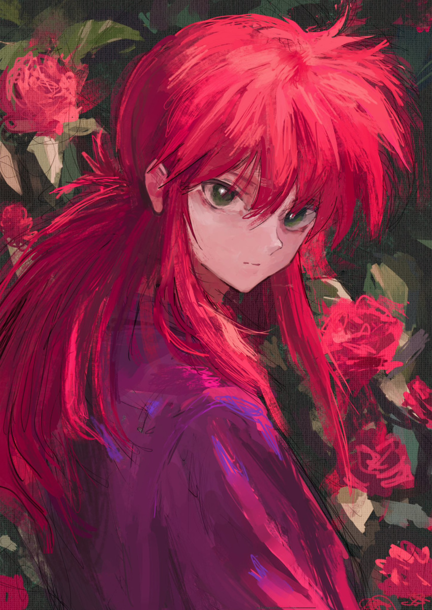 1boy, closed_mouth, expressionless, flower, fuyumurasaki, green_eyes, highres, kurama_(yu_yu_hakusho)