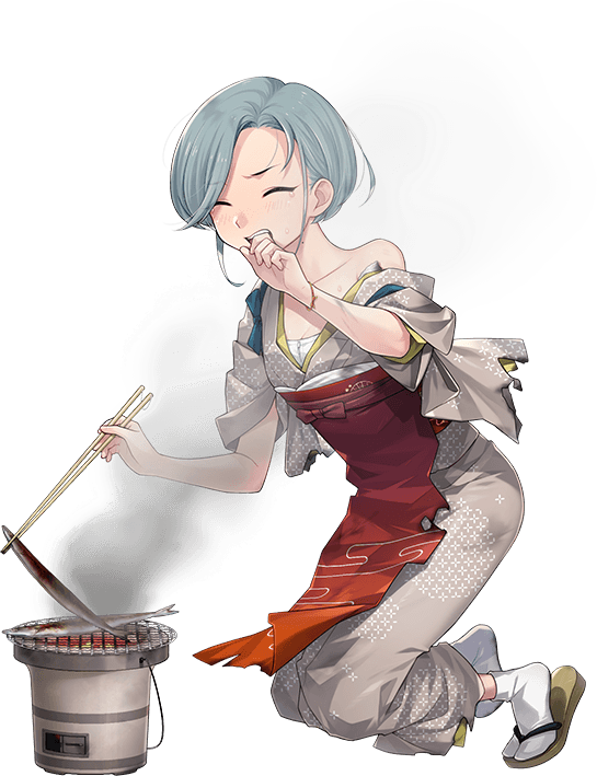 1girl, apron, burnt_clothes, burnt_food, closed_eyes, cloud_print, fish, forehead, fujikawa, geta, gradient_apron, grey_hair, grey_kimono, grill, japanese_clothes, kantai_collection, kimono, kneeling, leaning_forward, looking_at_viewer, mole, mole_on_neck, official_alternate_costume, official_art, red_apron, sandals, shichirin, short_hair, smoke, socks, solo, swept_bangs, tabi, tamanami_(kancolle), tamanami_(saury_festival)_(kancolle), tasuki, transparent_background, variant_set, white_socks