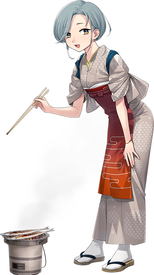 1girl, apron, cloud_print, fish, forehead, fujikawa, geta, gradient_apron, grey_hair, grey_kimono, grill, japanese_clothes, kantai_collection, kimono, leaning_forward, looking_at_viewer, mole, mole_on_neck, official_alternate_costume, official_art, red_apron, sandals, shichirin, short_hair, smile, socks, solo, standing, swept_bangs, tabi, tamanami_(kancolle), tamanami_(saury_festival)_(kancolle), tasuki, transparent_background, variant_set, white_socks, yellow_eyes