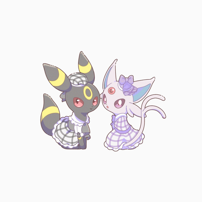 bow, colored_sclera, espeon, espeon_(checkered), forehead_jewel, hat, highres, kuu02h, no_humans, open_mouth, pokemon, pokemon_(creature), pokemon_unite, red_eyes, red_sclera, simple_background, sitting, umbreon, umbreon_(checkered), violet_eyes, white_background