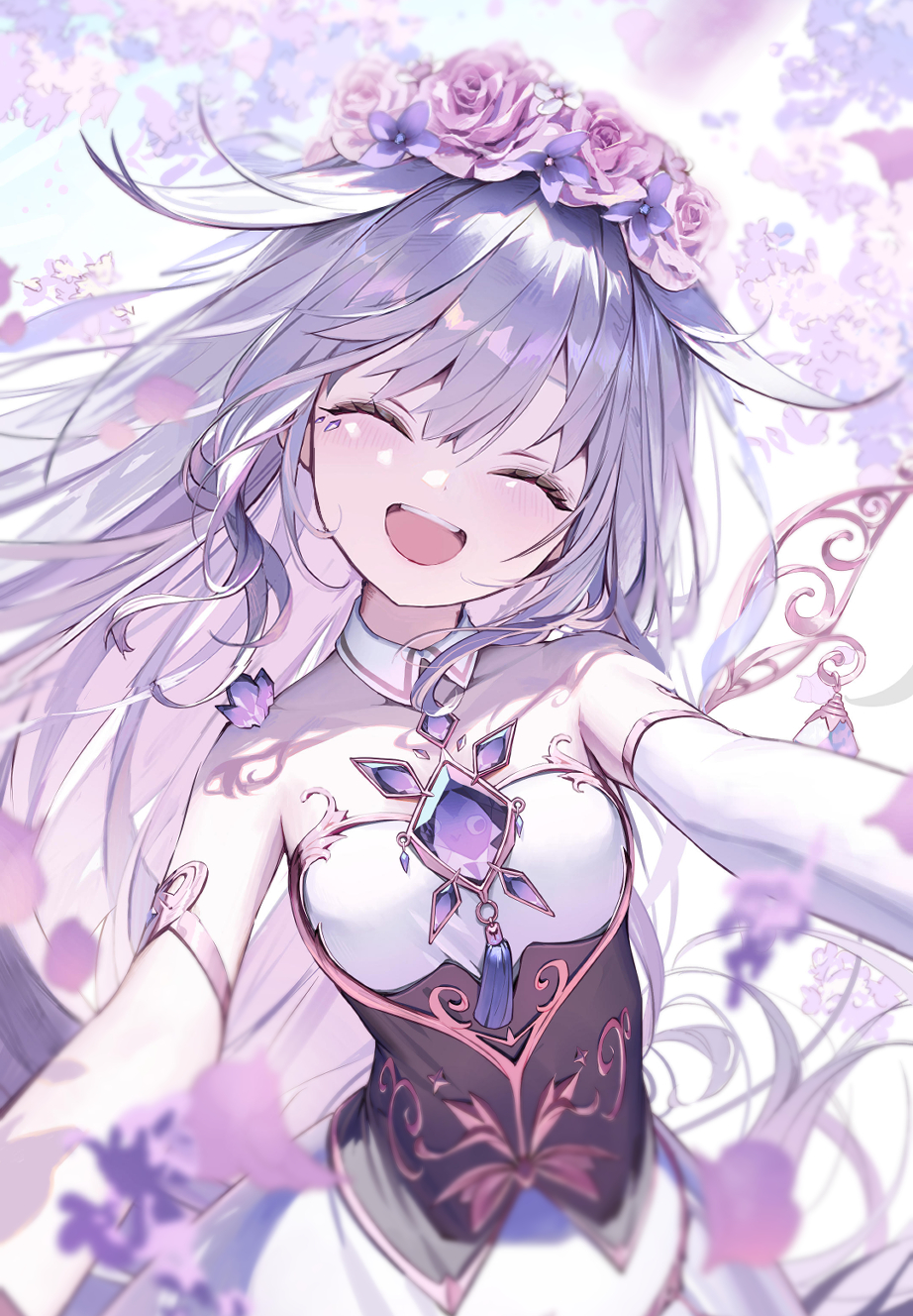 1girl, :d, bare_shoulders, black_corset, blush, chest_jewel, closed_eyes, collarbone, commentary_request, corset, detached_collar, detached_sleeves, detached_wings, dress, english_commentary, floating_hair, gem, gradient_hair, grey_hair, hair_flaps, happy, head_wreath, highres, hololive, hololive_english, jewel_under_eye, kitada_mo, koseki_bijou, koseki_bijou_(1st_costume), long_hair, material_growth, metal_wings, multicolored_hair, outdoors, outstretched_arms, purple_gemstone, purple_hair, reaching, reaching_towards_viewer, sidelocks, single_detached_sleeve, smile, solo, standing, strapless, strapless_dress, teeth, underbust, upper_teeth_only, very_long_hair, virtual_youtuber, white_dress, white_sleeves, wings