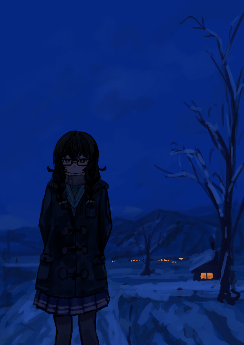 1girl, absurdres, arms_behind_back, bare_tree, black_hair, black_leggings, blue_skirt, blue_sky