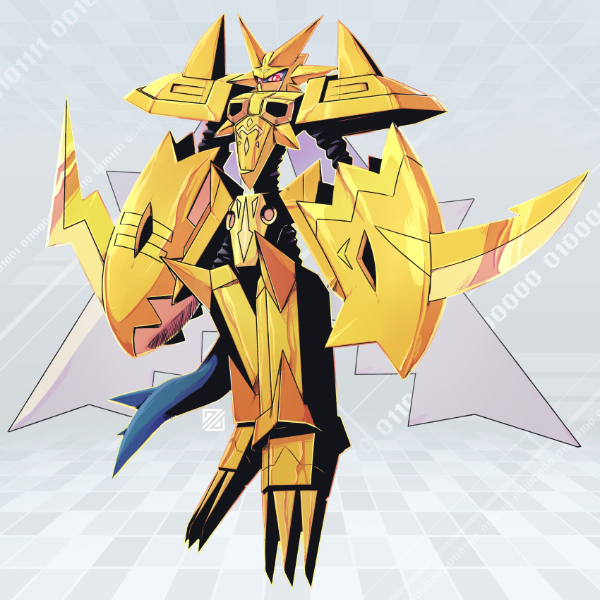 absurdres, addriano_divino, armor, blue_skin, colored_skin, digimon, digimon_(creature), dragon, fladramon, full_body, fusion, gold_armor, gold_helmet, highres, lighdramon, magnamon, omegamon, red_eyes, shoulder_armor, solo