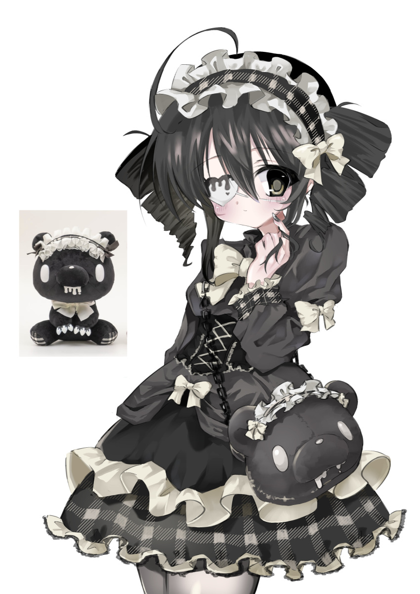 2000s_(style), absurdres, ahoge, bag, black_corset, black_dress, black_hair, bow