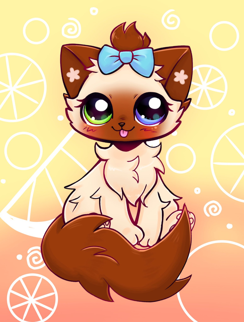 :3, animal, animal_focus, blue_bow, blue_eyes, blush, bow, cat, commentary, english_commentary, fluffy, gradient_background, green_eyes, hair_bow, heterochromia, highres, himalayan_cat, littlest_pet_shop, looking_at_viewer, lps_cat_4_(g7), nene_(maraitty), no_humans, pawpads, sitting, smile, solo, tail, tongue, tongue_out