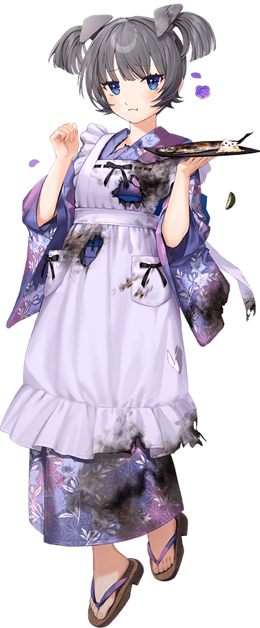 1girl, apron, blue_eyes, burnt_clothes, fish, floral_print, full_body, geta, grey_hair, headgear, hoshiakari_(c2_kikan), i-36_(kancolle), i-36_(saury_festival)_(kancolle), japanese_clothes, kantai_collection, kimono, official_alternate_costume, official_art, purple_kimono, saury, short_hair, solo, standing, transparent_background, tray, twintails, white_apron