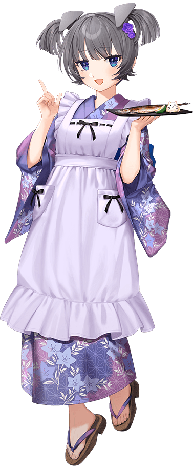1girl, apron, blue_eyes, fish, floral_print, full_body, geta, grey_hair, headgear, hoshiakari_(c2_kikan), i-36_(kancolle), i-36_(saury_festival)_(kancolle), index_finger_raised, japanese_clothes, kantai_collection, kimono, official_alternate_costume, official_art, purple_kimono, saury, short_hair, smile, solo, standing, transparent_background, twintails, white_apron