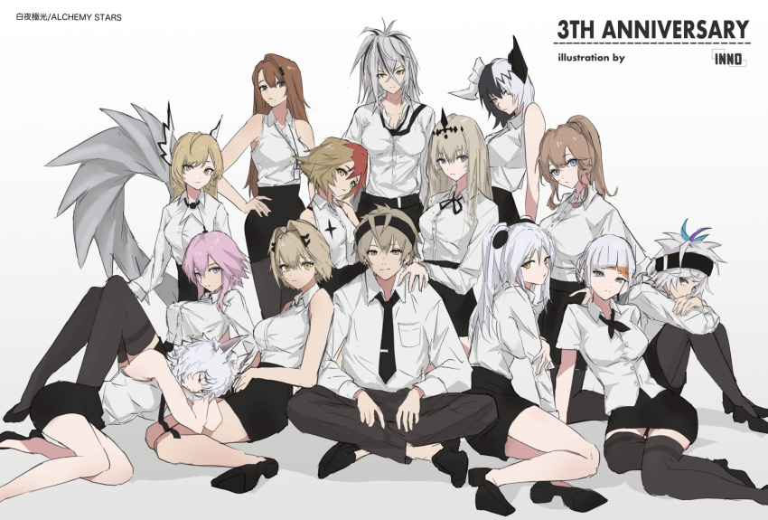 1boy, 6+girls, alchemy_stars, angel_(alchemy_stars), animal_ears, arm_on_another's_shoulder, asymmetrical_bangs, bare_legs, bethlehem_(alchemy_stars), black_eyes, black_footwear, black_hair, black_headband, black_necktie, black_pants, black_pantyhose, black_ribbon, black_skirt, black_thighhighs, blonde_hair, blue_eyes, blue_hair, blunt_bangs, bra_strap, breast_pocket, breasts, brown_hair, carleen_(alchemy_stars), collared_shirt, crossed_bangs, crossed_legs, double-parted_bangs, dove_(alchemy_stars), dress_shirt, english_text, full_body, grey_hair, gronru_(alchemy_stars), group_picture, hair_ornament, hairclip, hand_on_own_arm, hand_on_own_hip, headband, high_heels, high_ponytail, highres, hiiro_(alchemy_stars), horns, id_card, lanyard, large_breasts, leaning_on_person, legs, long_sleeves, looking_at_viewer, looking_to_the_side, lying, lying_on_lap, medium_breasts, messy_hair, mole, mole_under_mouth, ms._blanc_(alchemy_stars), multicolored_hair, multiple_girls, navigator_(alchemy_stars), necktie, office_lady, on_floor, orange_eyes, orange_hair, pants, pantyhose, parted_bangs, parted_hair, pencil_skirt, philyshy_(alchemy_stars), pink_eyes, pink_hair, pocket, ponytail, redhead, reinhardt_(alchemy_stars), renshu_3594, ribbon, sharona_(alchemy_stars), shirt, shirt_tucked_in, short_hair, short_sleeves, sidelocks, simple_background, siobhan_(alchemy_stars), sitting, skirt, sleeveless, standing, streaked_hair, thigh-highs, twintails, two-tone_hair, vice_(alchemy_stars), vivian_(alchemy_stars), white_background, white_shirt, wing_hair_ornament, winged_hair_ornament, wings, yellow_eyes