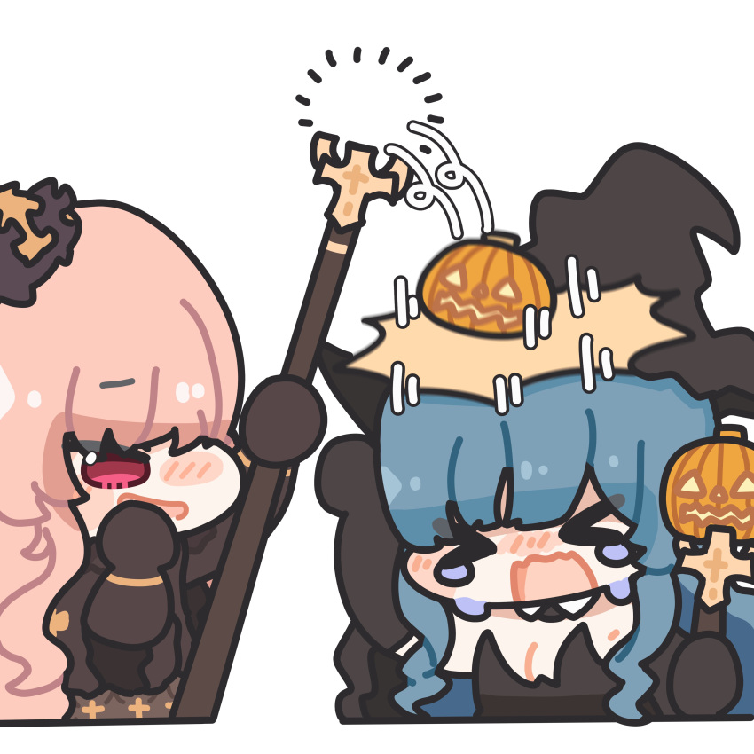 >_<, 2girls, absurdres, azur_lane, black_gloves, blue_hair, chibi, clemenceau_(azur_lane)