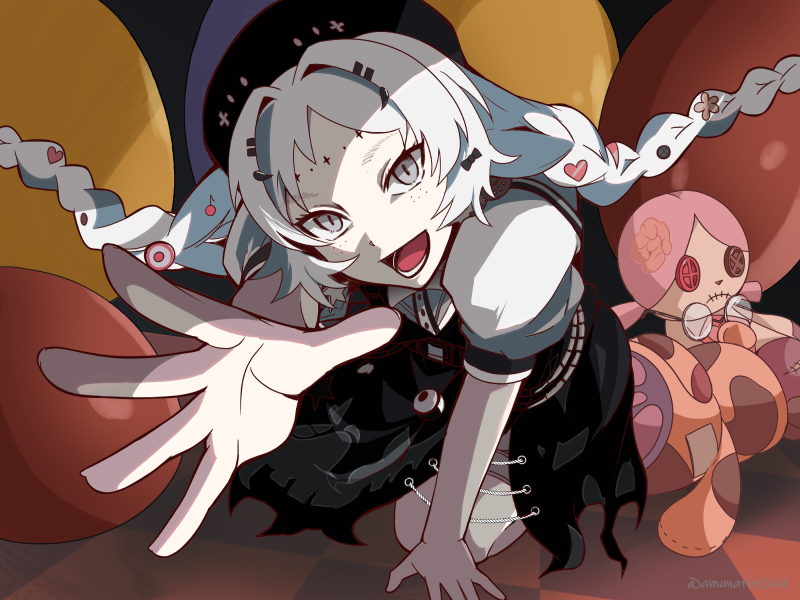 1girl, :d, amanatsu_(amanatu5069), balloon_party, beret, black_hat, black_skirt, braid