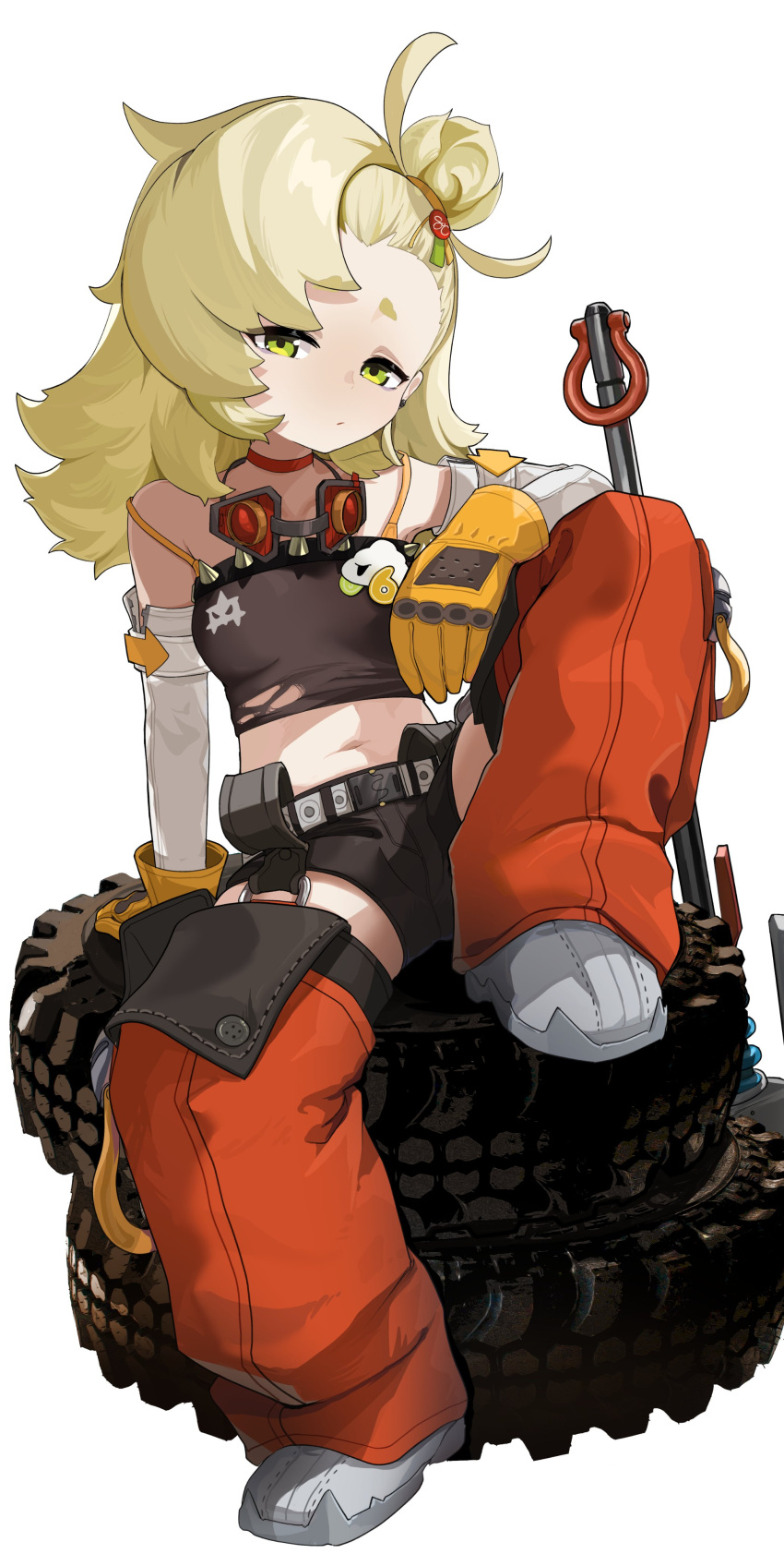 1girl, absurdres, arm_support, axe, belly, black_shirt, black_shorts, blonde_hair
