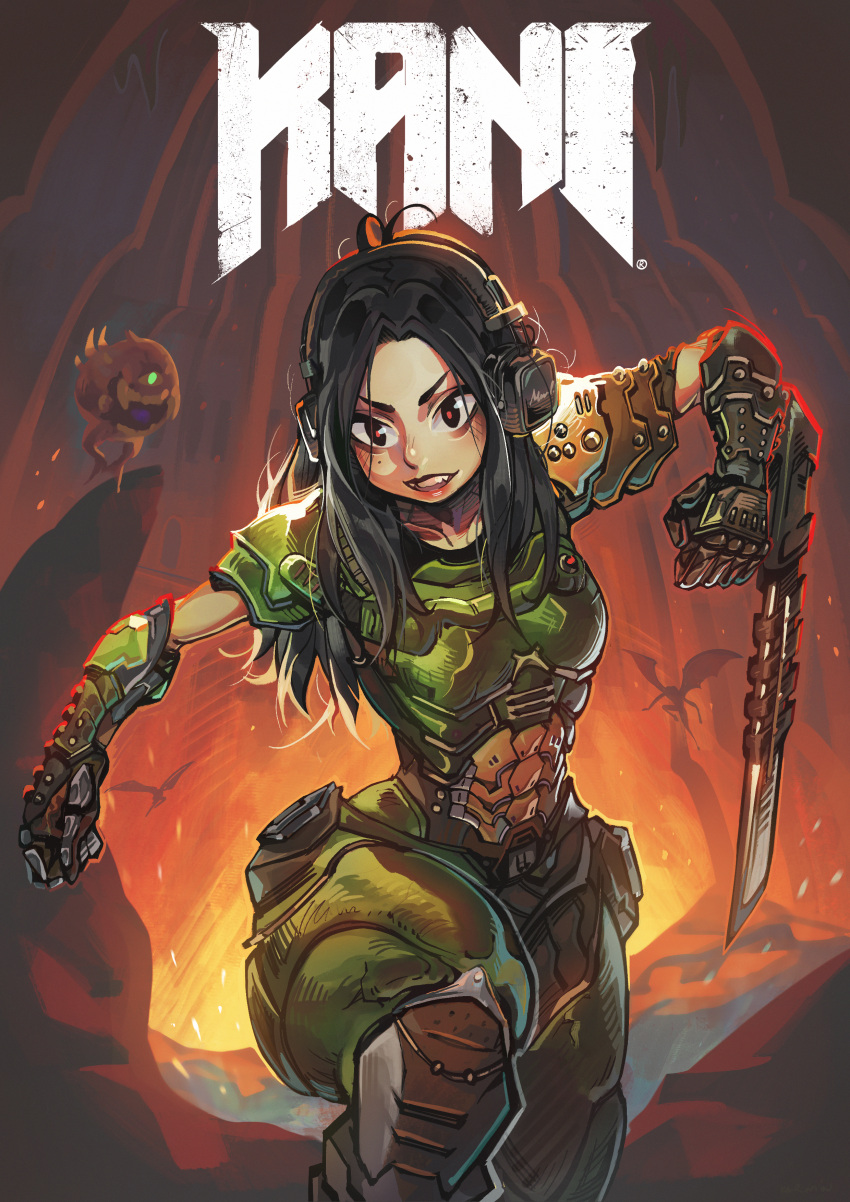 1girl, absurdres, armor, black_hair, cacodemon, carmine3, commission, cosplay