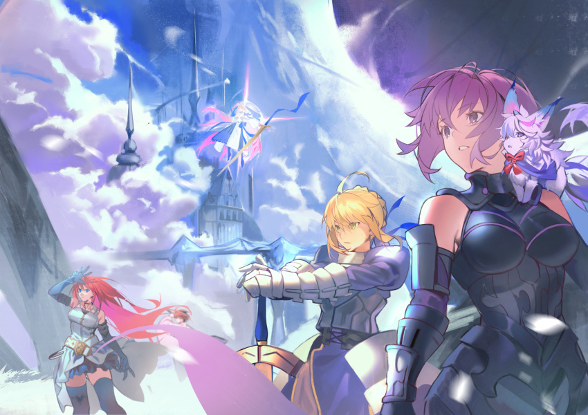 5girls, absurdres, ahoge, aozaki_aoko, archetype_earth, arcueid_brunestud, armor, armored_dress, armored_leotard, artoria_pendragon_(fate), bare_shoulders, belt, blonde_hair, blue_eyes, braid, braided_bun, breasts, brown_hair, creature, dress, elbow_gloves, excalibur_(fate/stay_night), fate/grand_order, fate/stay_night, fate_(series), faulds, fou_(fate), gauntlets, gloves, glowing, glowing_hair, green_eyes, hair_bun, hair_ribbon, hands_on_hilt, highres, hiro_(hirohiro_gorira), japanese_clothes, kara_no_kyoukai, kimono, large_breasts, leotard, long_hair, long_skirt, long_sleeves, mahou_tsukai_no_yoru, mash_kyrielight, multiple_girls, purple_hair, redhead, ribbon, ryougi_shiki, saber_(fate), short_hair, skirt, solo, super_aoko, sword, thigh-highs, tsukihime, tsukihime_(remake), type-moon, very_long_hair, violet_eyes, weapon, white_dress