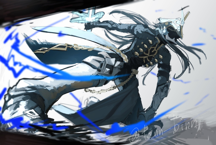 1boy, absurdres, arm_belt, armored_legwear, belt, black_coat, black_hair, black_pants, black_shirt, capitano_(genshin_impact), coat, commentary, faceless, faceless_male, fighting_stance, floating_hair, genshin_impact, gold_trim, helmet, highres, long_hair, long_sleeves, male_focus, multiple_belts, outstretched_arm, pants, shirt, sketch, solo, tenn_binn, twitter_username