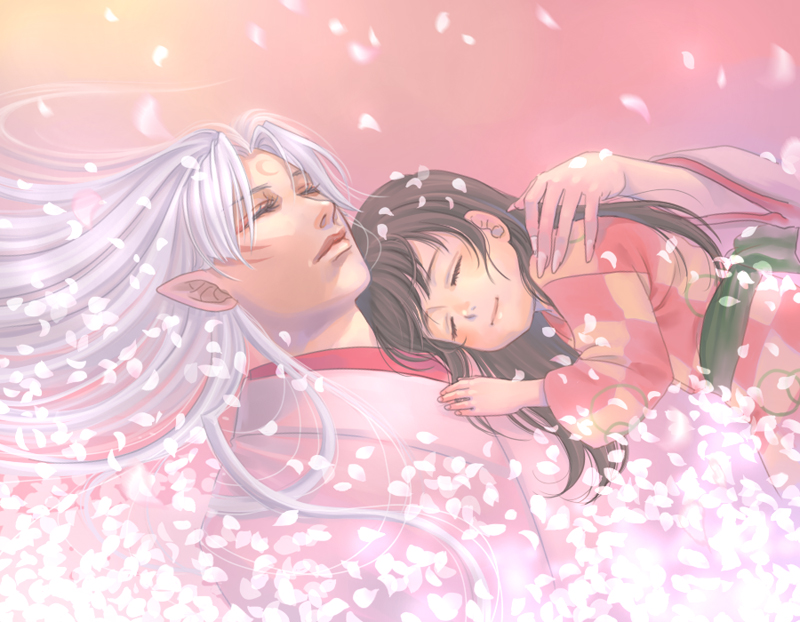 1girl, age_difference, closed_eyes, cuddle, cuddling, eyelashes, eyes_closed, family, fur, hands, inuyasha, lips, long_hair, pale_color, pale_colors, petals, pointy_ears, rin_(inuyasha), sesshoumaru, smile, tokiko_(psychopomp)