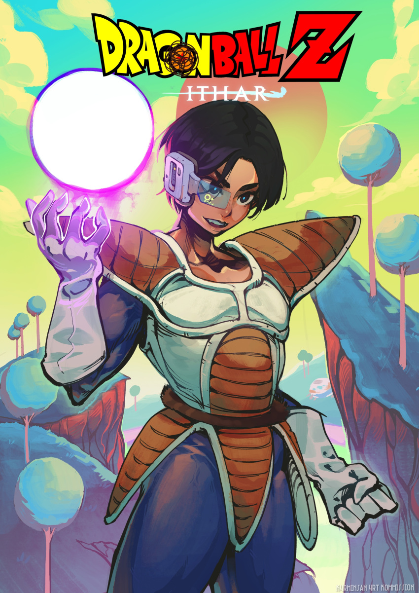 1girl, absurdres, armor, black_eyes, black_hair, carmine3, commission, copyright_name