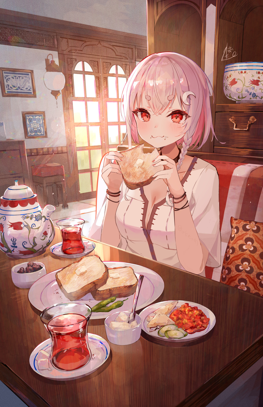 1girl, :3, absurdres, black_tea, braid, bread, bread_slice, butter