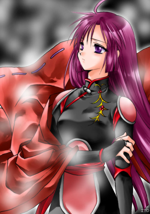 arm_grab, fingerless_gloves, gloves, inuyasha, ito, japanese_clothes, long_hair, purple_eyes