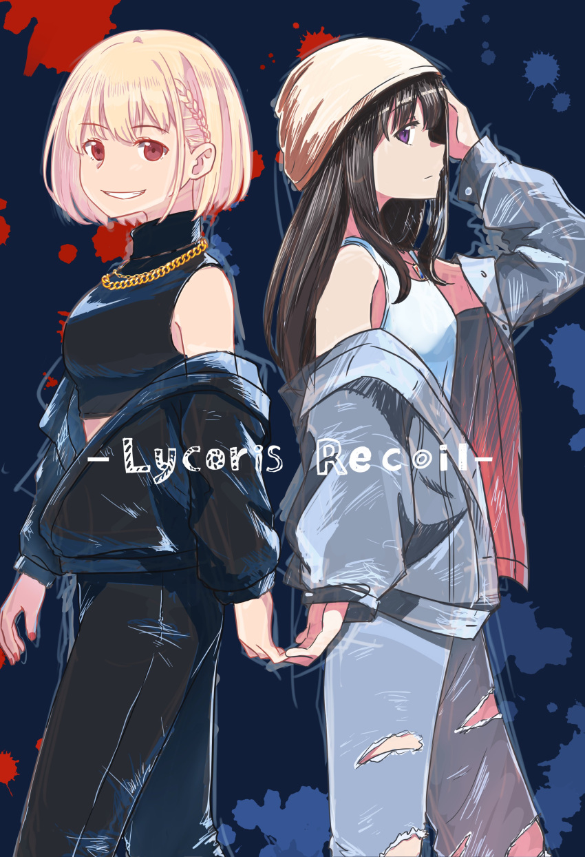 2girls, absurdres, beanie, black_hair, black_jacket, black_pants, black_shirt, blonde_hair, blue_background, blue_jacket, blue_pants, blush, bob_cut, braid, brown_hair, chai_haru, chain, chain_necklace, closed_mouth, commentary, copyright_name, cropped_shirt, hand_on_own_head, hat, highres, inoue_takina, jacket, jewelry, lycoris_recoil, multiple_girls, nail_polish, necklace, nishikigi_chisato, off_shoulder, open_clothes, open_jacket, open_mouth, pants, red_eyes, red_nails, shirt, short_hair, side_braid, sleeveless, sleeveless_shirt, symbol-only_commentary, tank_top, torn_clothes, torn_pants, turtleneck, violet_eyes, white_tank_top