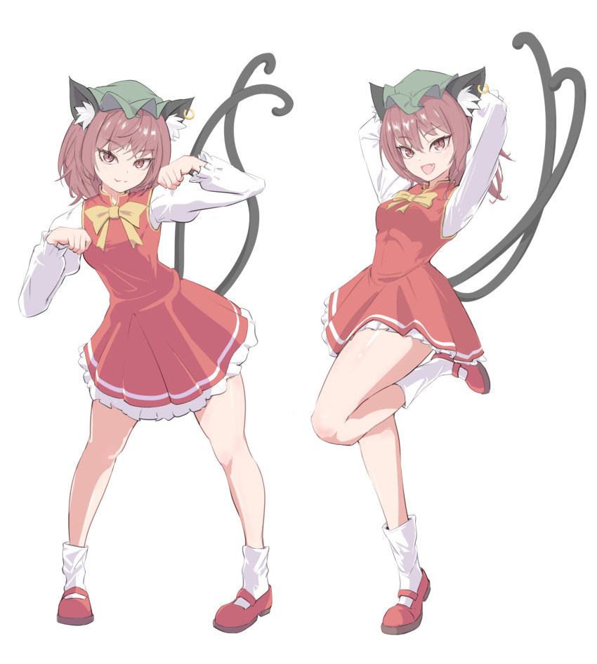 2girls, :d, animal_ear_piercing, animal_ears, arms_behind_head, arms_up, bare_legs, breasts