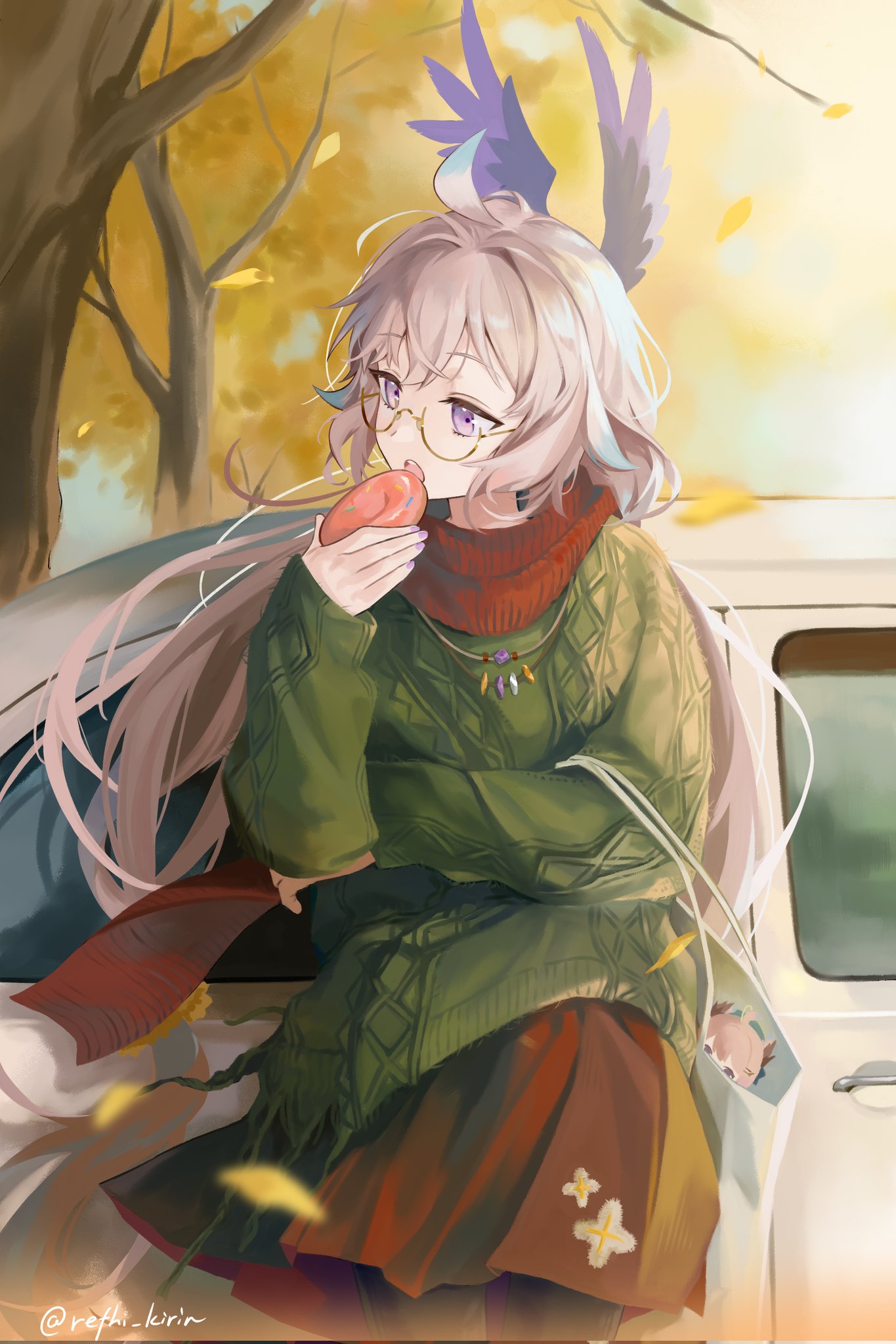 1girl, ahoge, autumn, autumn_leaves, bag, blonde_hair, blurry, car