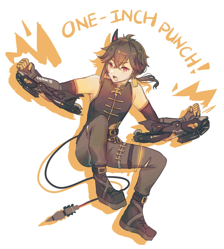 1boy, absurdres, artist_name, black_shirt, camm_sandwich, changyu_(pgr), grey_pants, highres, horns, mechanical_arms, open_mouth, pants, ponytail, punishing:_gray_raven, red_eyes, shirt, single_horn, sleeveless, sleeveless_shirt, solo, tail