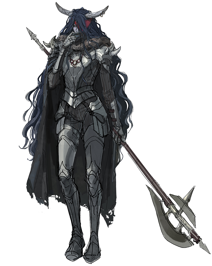 1boy, armor, black_hair, brown_cape, cape, colored_skin, full_body, grey_horns