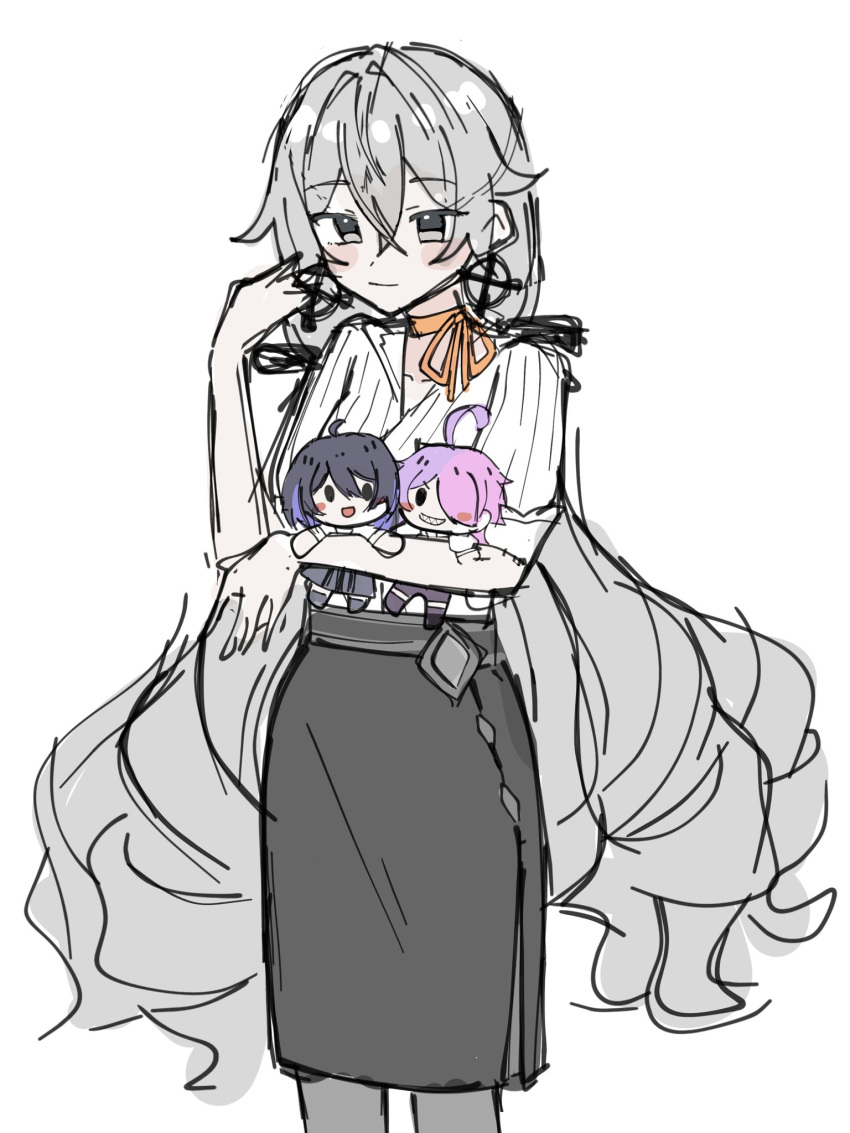 1girl, benghuai_xueyuan, black_skirt, bronya_zaychik, character_doll, closed_mouth, commentary, crossed_bangs