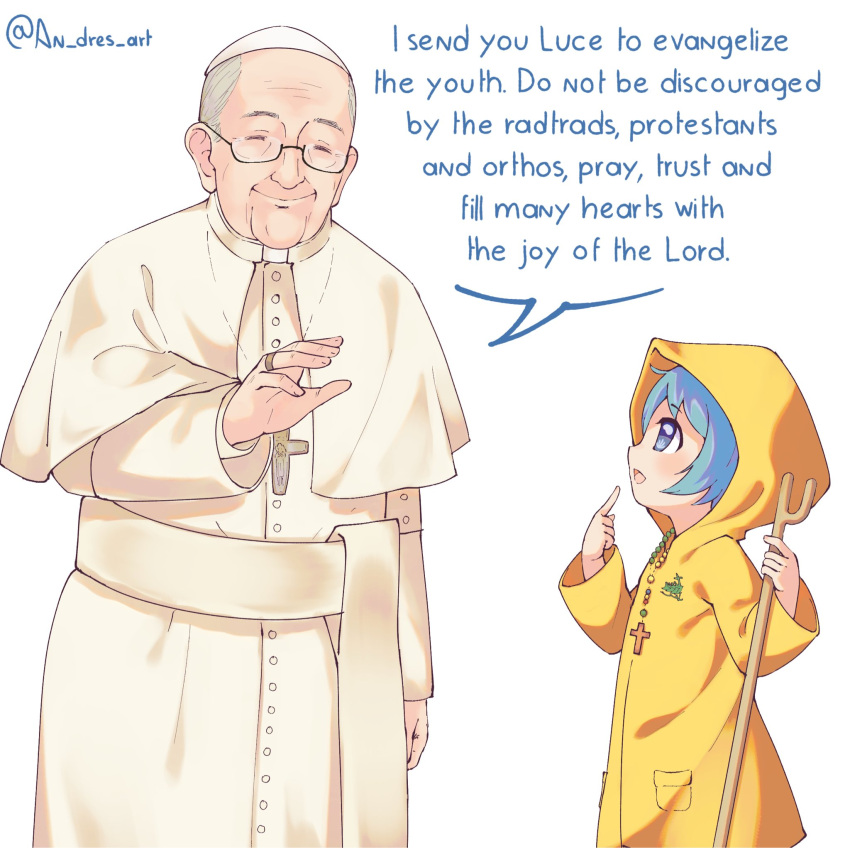 1boy, 1girl, an_dres_art, bead_necklace, beads, blue_eyes, blue_hair, cane