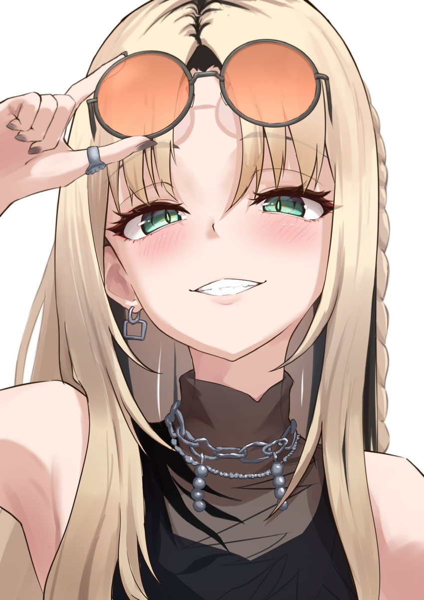 1girl, bare_shoulders, black_tank_top, blonde_hair, blush, chain, chain_necklace, close-up, earrings, eyewear_on_head, green_eyes, grin, highres, holding, holding_removed_eyewear, hololive, hololive_dev_is, ilie_ilie, jewelry, koganei_niko, looking_at_viewer, multicolored_hair, necklace, orange-tinted_eyewear, parted_bangs, ring, smile, solo, tank_top, tinted_eyewear, two-tone_hair, unworn_eyewear, virtual_youtuber