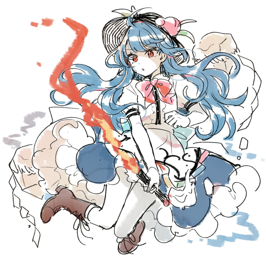 1girl, blue_hair, blue_skirt, boots, flaming_sword, flaming_weapon, food, fruit
