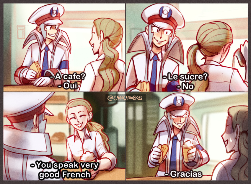 1boy, 1girl, cafe, choochooboss, cup, emmet_(pokemon), gloves, grey_hair