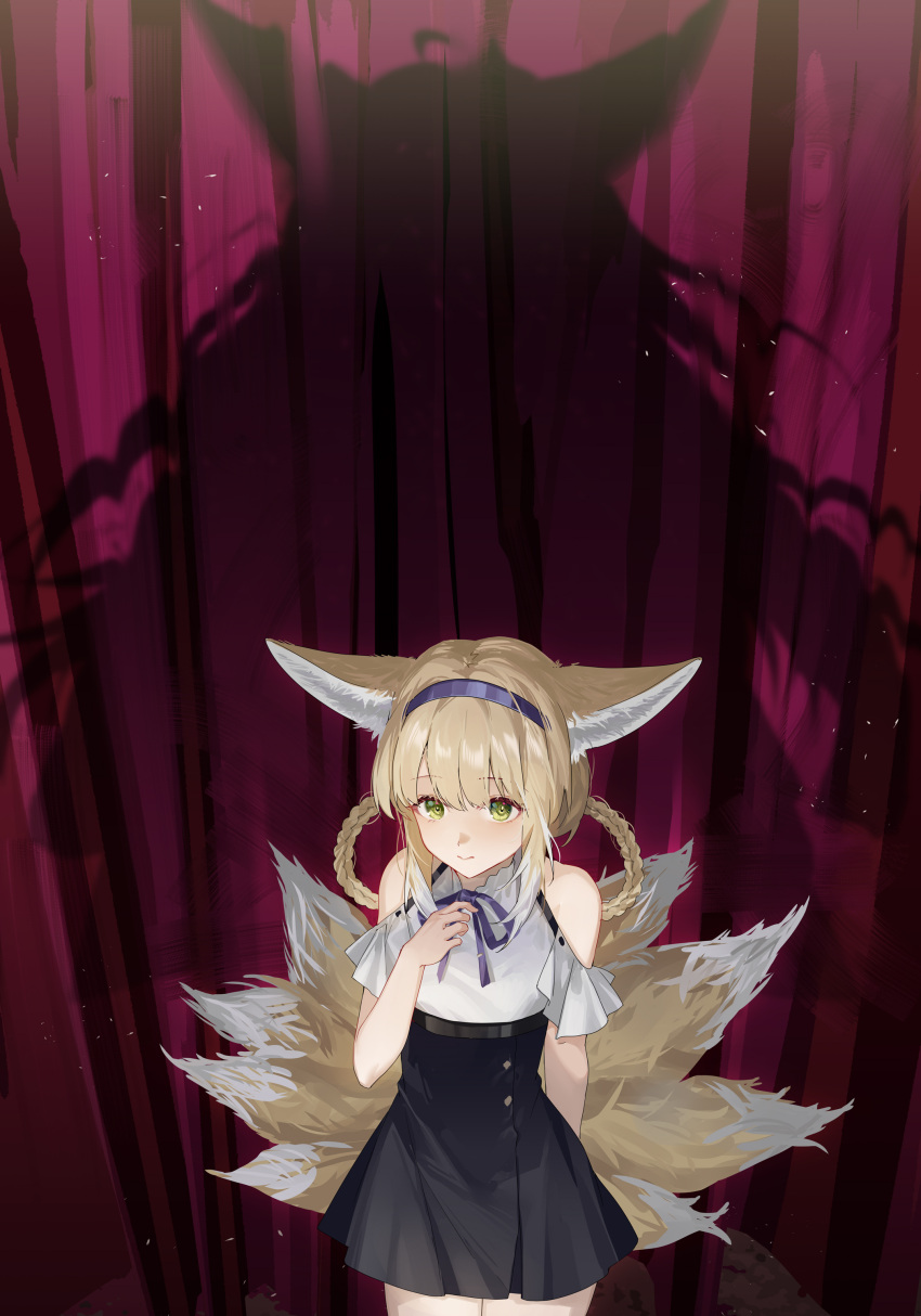 1girl, absurdres, animal_ears, arknights, behind_curtains, black_skirt, blonde_hair, braid